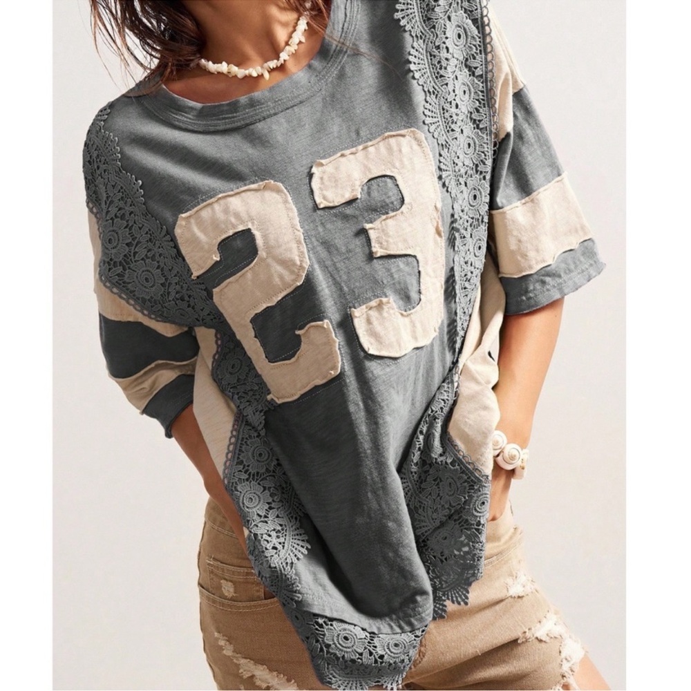 Color Block Floral Lace Round Neck Oversized Short Sleeve Top S M L XL